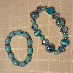 Blue Beaded Bracelets Set Faux Turquoise, Glass Like Beads & Cut Faux Crystals